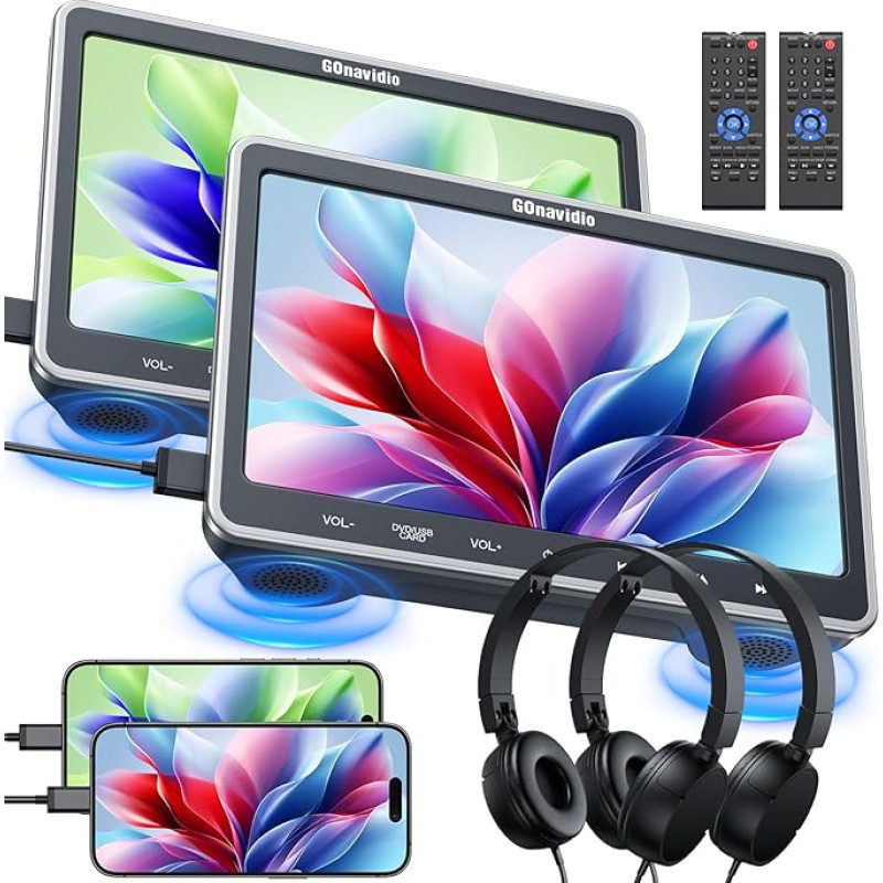GOnavidio 10.1 Inch DVD Player Car 2 Headrests with HDMI Input 2 Headphone Holders HD Region Free Last Memory SD USB AV IN AV Out (2 Monitors)