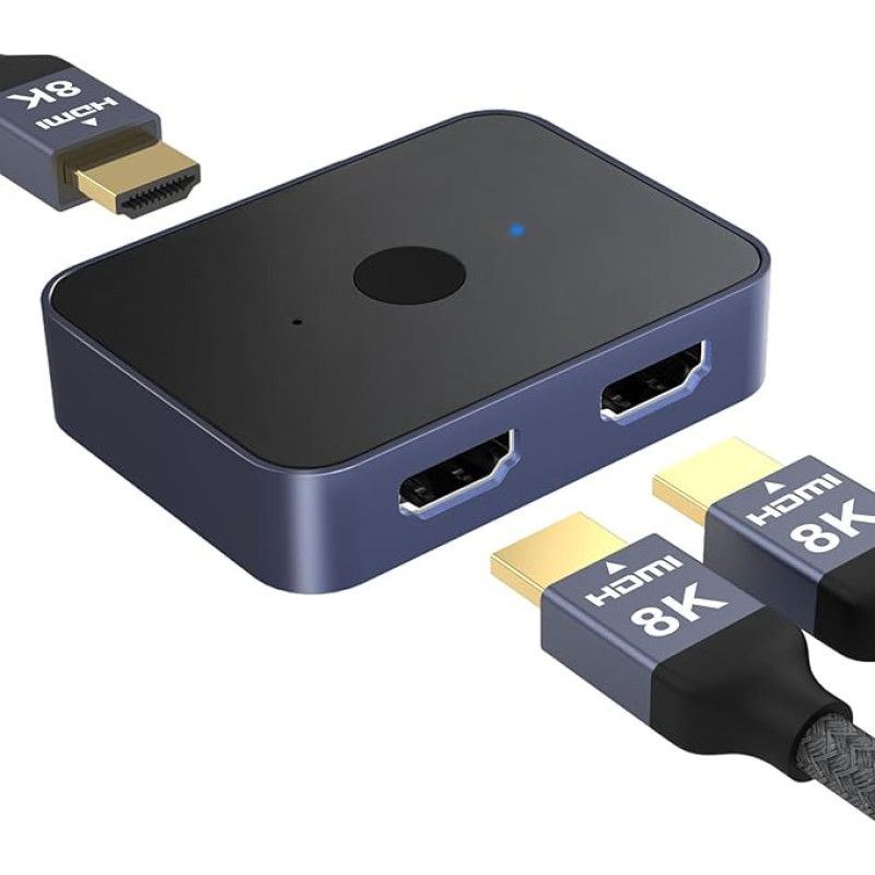 HDMI skirstytuvas 8K@60Hz 4K@120Hz, 8K HDMI perjungiklis Splitter 2 in 1 Out, HDMI 2.1 jungiklis palaiko 8K@60Hz, HDCP 2.2/2.3, 48Gbps, 3D, HDR, HDMI skirstytuvas HDTV / monitoriui / nešiojamiesiems kompiuteriams / PS5 / Xbox