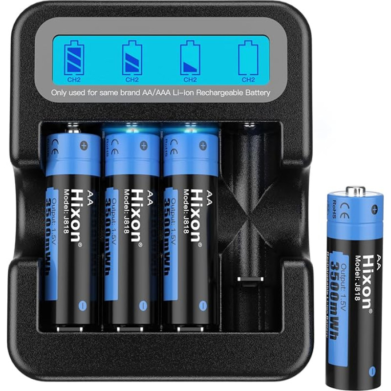 Hixon Rechargeable 1.5 V AA Lithium Battery, 3500 mWh with 1600 Long Cycles, 2.0 Hours Quick Charge, 4 x Lithium 1.5 V AA Battery and Black Smart LCD Display Charger