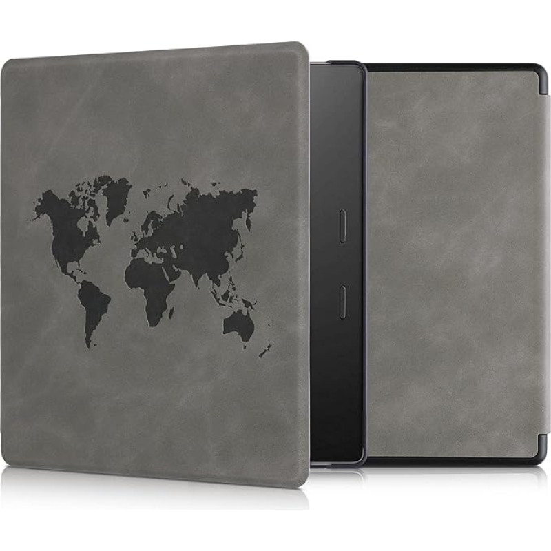 kwmobile Case Compatible with Amazon Kindle Oasis 10th Generation - Faux Leather eReader - Travel Outline Grey