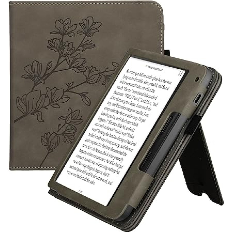 kwmobile Protective Case Compatible with Tolino Vision 6 Flip Case - Cover with Hand Strap - Magnolia Grey