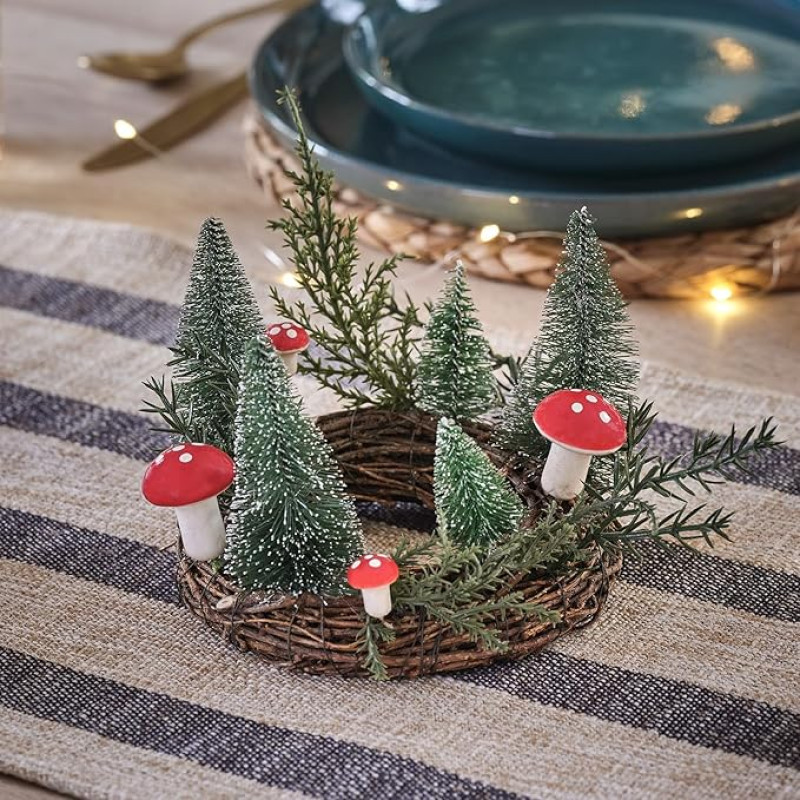 Lights4fun 14 cm žvakių vainikas su grybais Kalėdinis vainikas Kalėdinė dekoracija Stalo dekoracija Rudens stalo dekoracija Kalėdinis advento vainikas