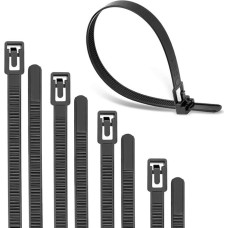 200 pakartotinai uždaromų kabelių kaklaraiščių pakuotė, juodi nuimami daugkartinio naudojimo kabelių kaklaraiščiai, apvalus dizainas nekenkia rankoms, lengvai atidaromi (6 + 8 + 10 + 12 colių, kiekvieno dydžio 50 vienetų)