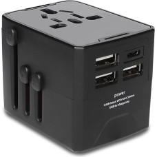 Kelionių adapteris visame pasaulyje, universalus kelionių adapteris su 3 USB, 1 C tipo ir 1 kištukiniu lizdu, tarptautinis kištukinis adapteris, kelionių kištukas visame pasaulyje, tinkamas naudoti daugiau kaip 200 pasaulio šalių (juodas)
