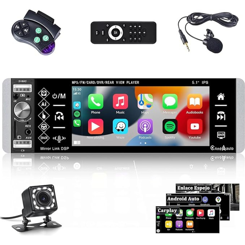CAMECHO automobilinis radijas 1 DIN su Carplay, 5,1 colio ekranas, MP5 grotuvas su Andorid Car / Bluetooth laisvų rankų įranga / FM radijas / 3 USB / TF / AUX-in + atbulinės eigos kamera