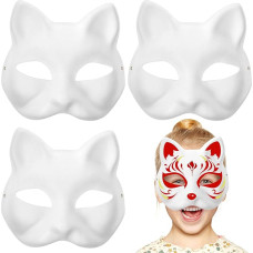 Nuobesty 3 weiße Gesichtsmasken für Dekoration, Malerei, Maskenball, Cosplay, Party, Katzenstil, weiß, 3pcs