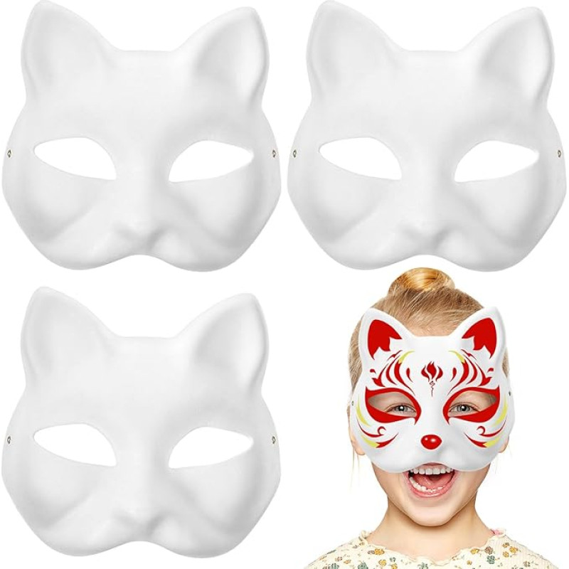 Nuobesty 3 weiße Gesichtsmasken für Dekoration, Malerei, Maskenball, Cosplay, Party, Katzenstil, weiß, 3pcs