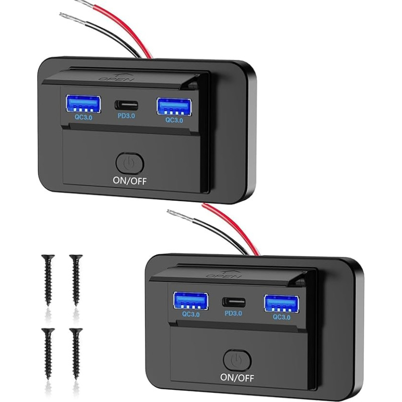 2 vnt. 12 V USB C lizdo įkrovimo lizdas 66 W automobilinis įkroviklis Mobilusis telefonas Greitasis įkrovimas Dvigubas QC3.0 USB ir PD3.0 C tipo vandeniui atsparus jungiklis, skirtas 12 V/24 V karavanams, automobiliams, motociklams, sunkvežimiams