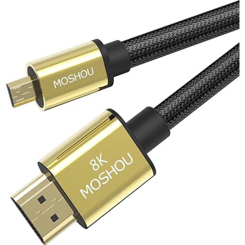 MOSHOU Micro HDMI kabelis 8K 4M Micro HDMI į HDMI 2.1 UHD 4K 3D ARC HDMI kabelis D į HDMI A Ethernet ir garso grįžtamieji kanalai Suderinamas su fotoaparatu, vaizdo kamera, nešiojamuoju kompiuteriu su Micro HDMI (4 metrai)