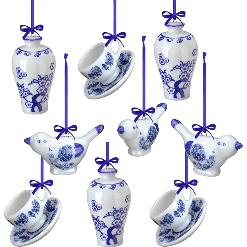 Chinoiserie ornamentai Porcelianiniai mėlyni ornamentai Kalėdų pakabukai Dekoratyviniai pakabinami ornamentai Kalėdų eglutės papuošimams (ryškus stilius, 9 vnt.)