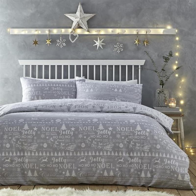 Charlotte Thomas Jolly Christmas Duvet Cover Set, Silver, Christmas Bedding Set, Super King