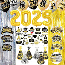 DPKOW 77 x Glitzer 2025 Silvester Deko Accessoires, Laser Lametta Vorhänge Silvester Haarreif Partyhüte Ballons 2025 Silvester Foto Requisiten Partytröten für 2025 Silvester Party Zubehör Set