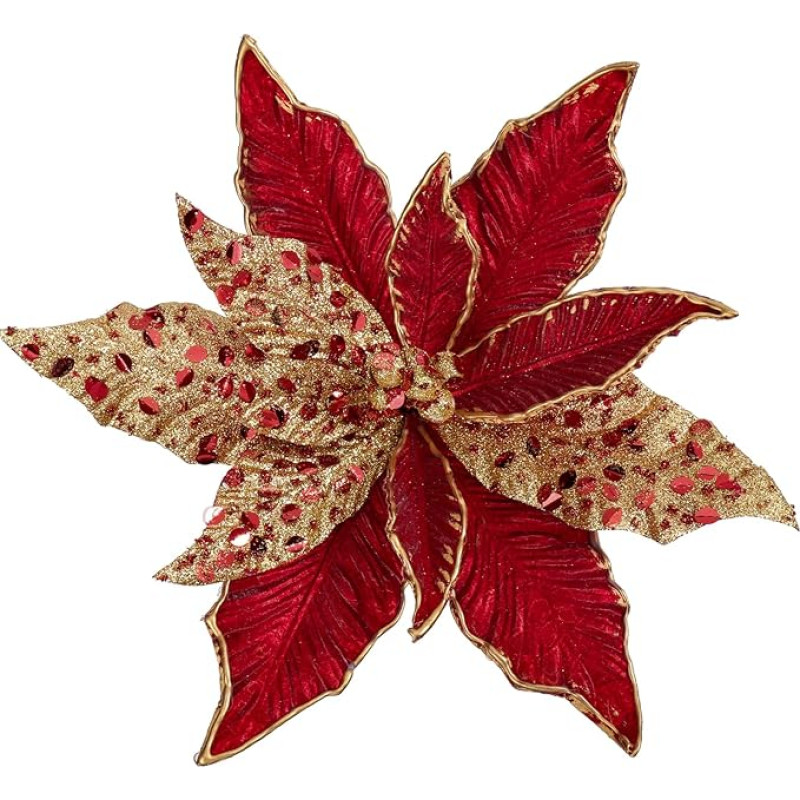 Oairse Set of 4 Diameter 30 cm Artificial Glitter Christmas Flowers, Poinsettia for Christmas Tree DIY Decoration, Artificial Flowers for Holidays, Dining Table Centrepiece, New Year Ornaments, Red