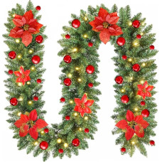 Afenau Christmas Garland with Lighting, 2.7 m Garland Christmas, Fir Garland with Lighting Outdoor, Christmas Garland, Christmas Garland Outdoor for Outdoor Stairs Wedding Party Decoration, Red