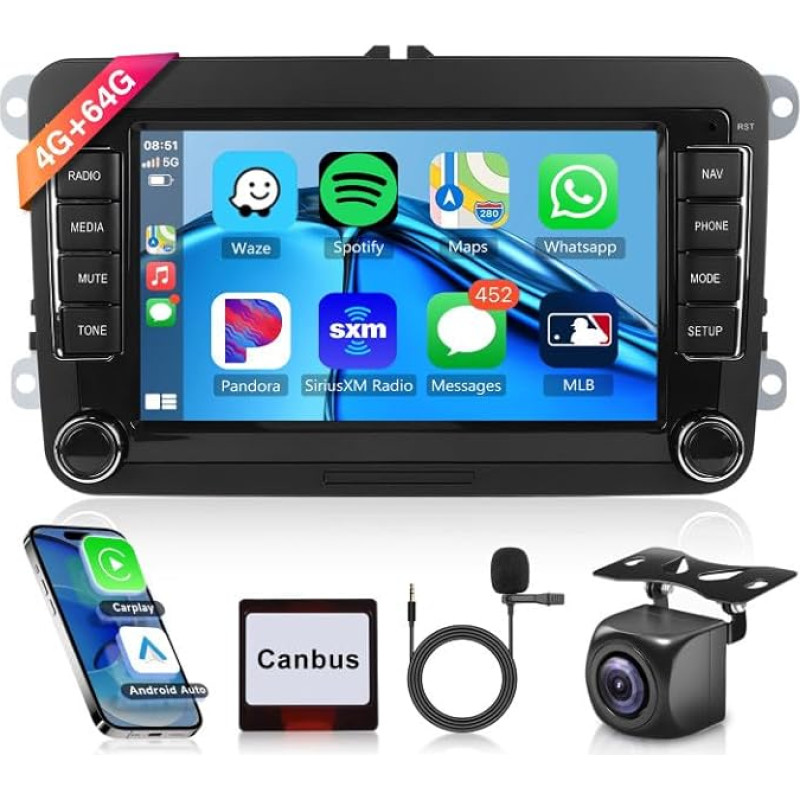 4G + 64G belaidis Carplay Android 13 automobilinis radijas VW Golf 5 6 Passat Polo Tiguan Touran Caddy Skoda Seat 7 colių automobilinis radijas Android automobilinė GPS navigacija WiFi Mirror Link Bluetooth FM/RDS/EQ/SWC Reversing