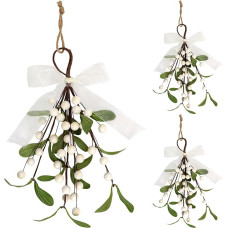 Kunjocy Pack of 3 Artificial Mistletoe Branches with Berries and Ribbon Faux Mistletoe Hanging Ornament Christmas Tree Ornaments for Wreaths Garlands Window Party Decor (White)