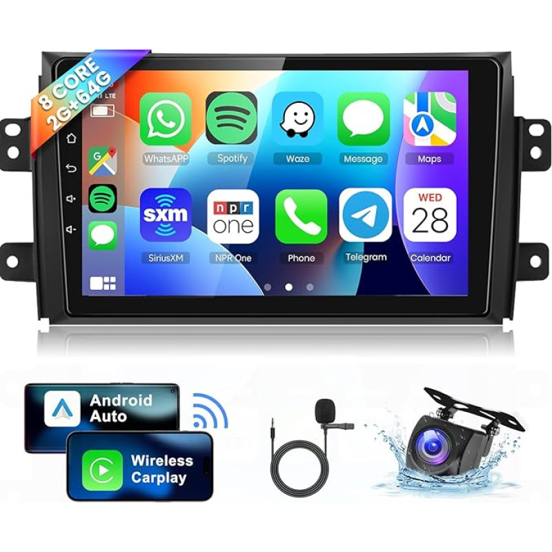 VECHTEL 8 branduolių 4G + 64G Android automobilinis radijas Suzuki SX4 2006-2013/Fiat Sedici 2005-2014 su CarPlay/Android Automobilinis 9 colių IPS ekranas GPS WiFi Bluetooth 32 juostų DSP FM/RDS radijas atbulinės eigos kamera