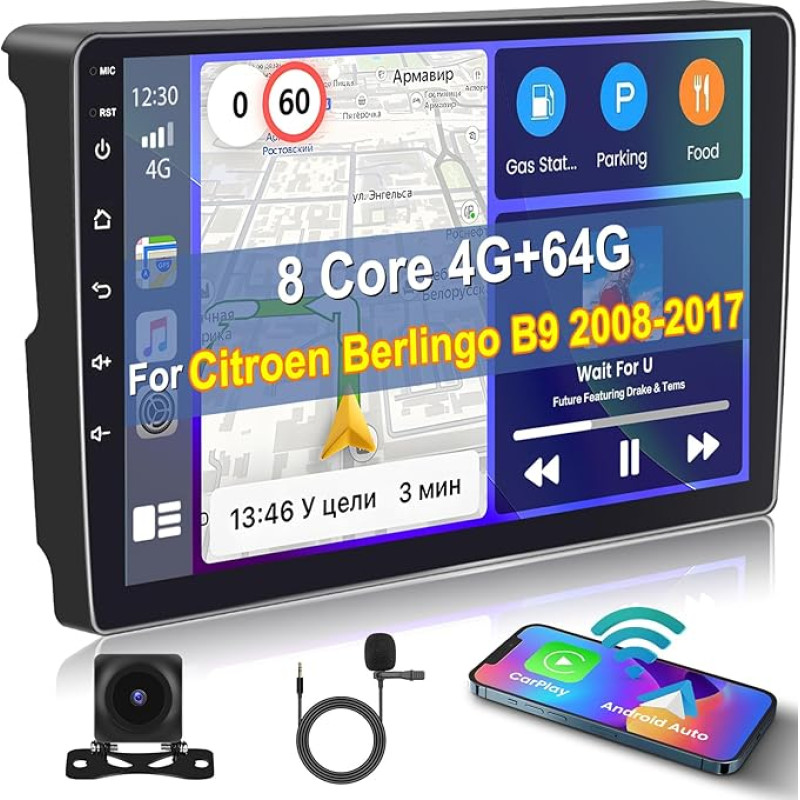 [8 Core 4G + 64G] Inefala Android 13 Car Radio, 2 DIN Radio for Citroën Berlingo B9 2008-2017, 9 Inch Touchscreen with Wireless Carplay, Android Car, BT, GPS, WiFi, 59UI, RDS, Microphone, Reversing