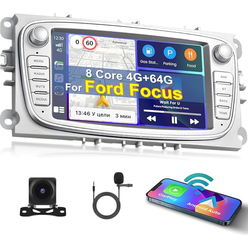 [8 Kern 4G+64G] Inefala Android 13 Autoradio 2 DIN für Ford Focus S-Max C-Max Kuga Galaxy, 7