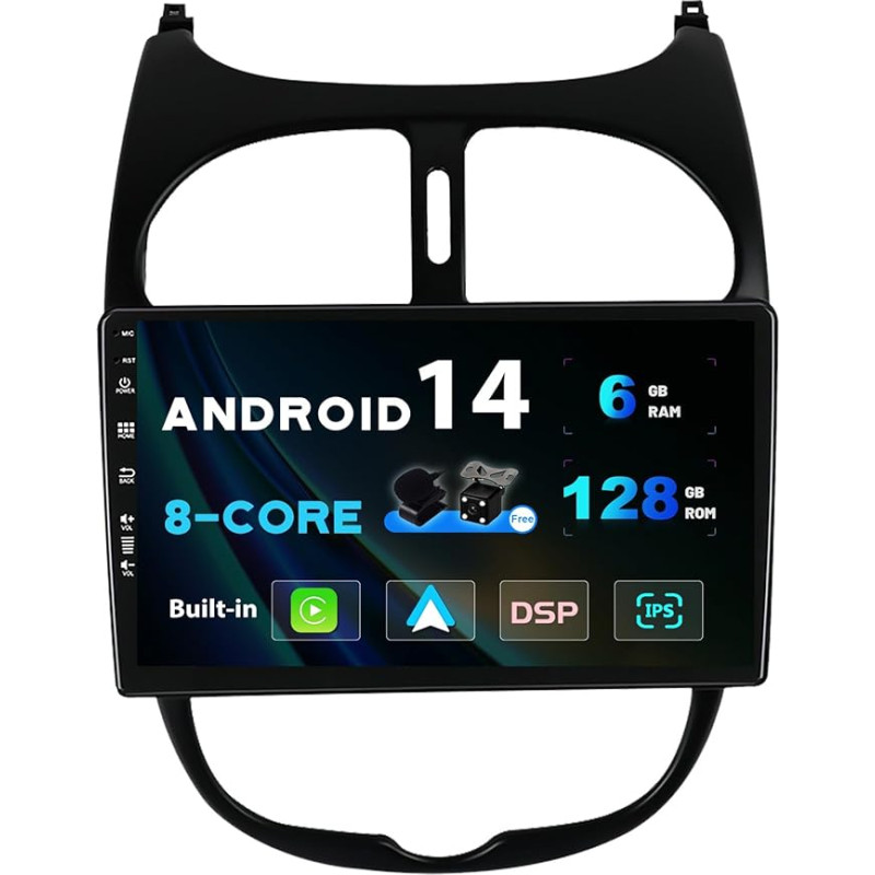 SXAUTO - 6G + 128G - Android 12 IPS automobilinis radijas Peugeot 206 (2002-2010) - Integruotas Carplay/Android Car/DSP - LED kamera + MIC - DAB vairo valdymas Fast Boot 360-CAM WiFi - 2 DIN 9 colių