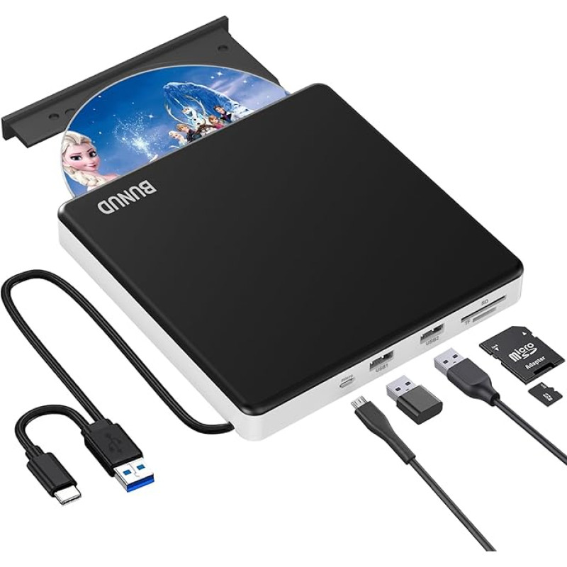 BUNUD išorinis CD/DVD diskas USB 3.0 Type-C išorinis CD/DVD įrašymo įrenginys su SD/TF lizdu ir 2 USB prievadais, išorinis CD grotuvas, skirtas PC Windows 11/10, Mac, MacBook Pro Air, iMac