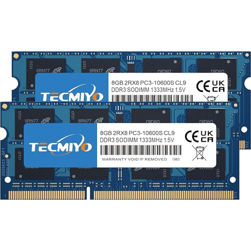 TECMIYO 16GB DDR3 RAM (2 x 8GB) DDR3 1333MHz SODIMM PC3-10600S atminties RAM atmintis Unbuffered Non-ECC 1.5V CL9 2Rx8 Dual Rank 204 Pin SODIMM Laptop RAM modulio atnaujinimas