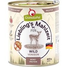 GranataPet Liebling's Mahlzeit Pure Venison Wet Food for Dogs, maistas šunims be grūdų ir cukraus priedų, visavertis ėdalas su dideliu mėsos kiekiu ir aukštos kokybės aliejais, 6 x 800 g