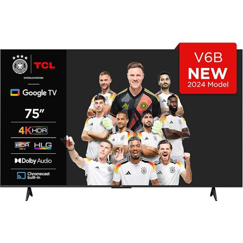 TCL 75V6B 75 Inch 4K Ultra HD, HDR TV, Smart TV Supported by Google TV (Dolby Audio, Motion Clarity, Voice Control, Compatible with Google Assistant, Chromecast Built-In