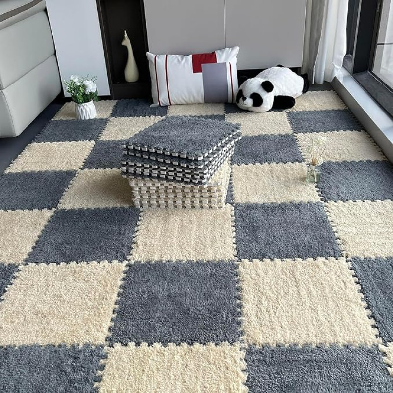 20 Stück dicker, quadratischer Schaumstoff-Boden-Pom-Pom-Pom-Teppich, 30,5 x 30,5 cm, Plüsch-Schaumstoff, ineinandergreifende Bodenmatte für kleine Bereiche (Aprikose + Grau)