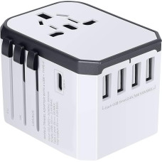 Evershop Travel Adapter Travel Plug Worldwide 224+ Countries 5.6A Fast Charge Universal Travel Adapter with 4 USB Ports + Type C + AC Sockets International Power Adapter for USA Germany Europe UK