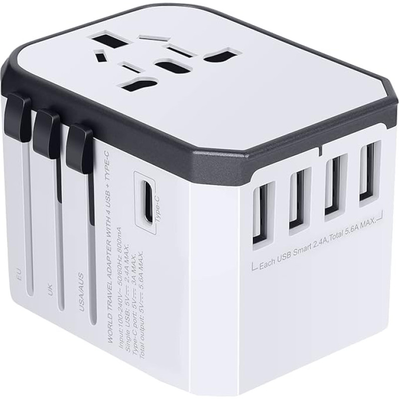 Evershop Travel Adapter Travel Plug Worldwide 224+ Countries 5.6A Fast Charge Universal Travel Adapter with 4 USB Ports + Type C + AC Sockets International Power Adapter for USA Germany Europe UK