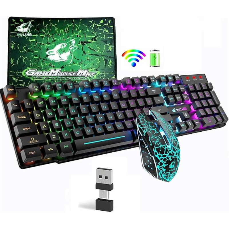 Rainbow Backlit Wireless Keyboard 2.4G Rechargeable Mechanical Feel 104 Keys Gaming Keyboard + 2400DPI 6 Keys Optical Rainbow LED Gaming Mouse + Mouse Pads
