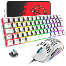 T60 Mini 60% mechaninės klaviatūros pelės rinkinys, kompaktiškas 62 klavišų, C tipo laidinis, 19 apšviesta žaidimų klaviatūra + 6400 DPI RGB pelė + pelės kilimėlis, JK išdėstymas, skirtas kompiuteriui, nešiojamajam kompiuteriui, baltas/mėlynas jungiklis