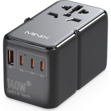 MINIX Universal Travel Adapter, 140W GaN III International Power Adapter, 3 USB-C 2 USB-A Ports, AC Outlet, Worldwide Travel Charger for Laptops, Tablets, Phones and More