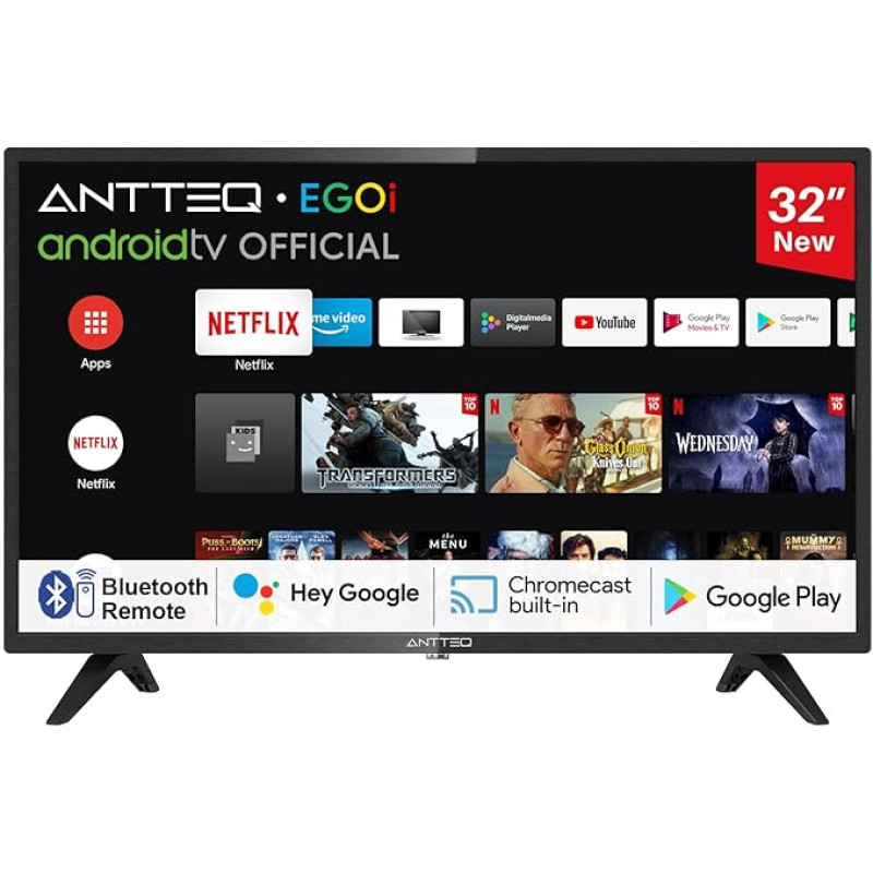 Antteq AG32H3 TV 32 Inch (TV 80 cm) Smart TV, LED HD Ready, Voice Assistance, Bluetooth Triple Tuner (DVB-C/S2/-T2), Play Store (DAZN/Netflix/Prime Video), WiFi