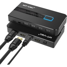 MT-VIKI 4K60Hz HDMI KVM jungiklis 2 prievadai su sparčiuoju klavišu 2 kompiuteriai 1 monitorius Palaiko klaviatūrą, pelę ir garsiakalbį Įskaitant 5V įkrovimo prievadą 4 USB kabeliai ir 4 HDMI 2.0 kabeliai Automatinis nuskaitymas