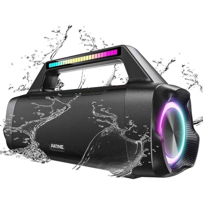 AKONE Bluetooth Speaker, 80 W Peak Music Box, Bluetooth Large Bass Boost with LED Light, Rolling Stereo Sound Box, 20 Hours Battery, IP67 Outdoor Speaker, Boombox for Parties, Beach, Camping