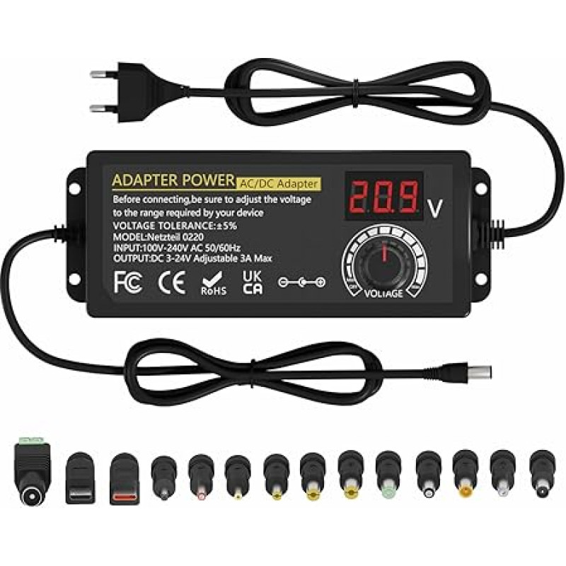 CKS-24V3A 72W Universal Power Supply, AC to DC 3V-24V Adapter Adjustable Power Adapter with LED Voltage Display and 14 Tips, Including Micro USB Plug, for 3V-24V Household Electronics, DC Motor,