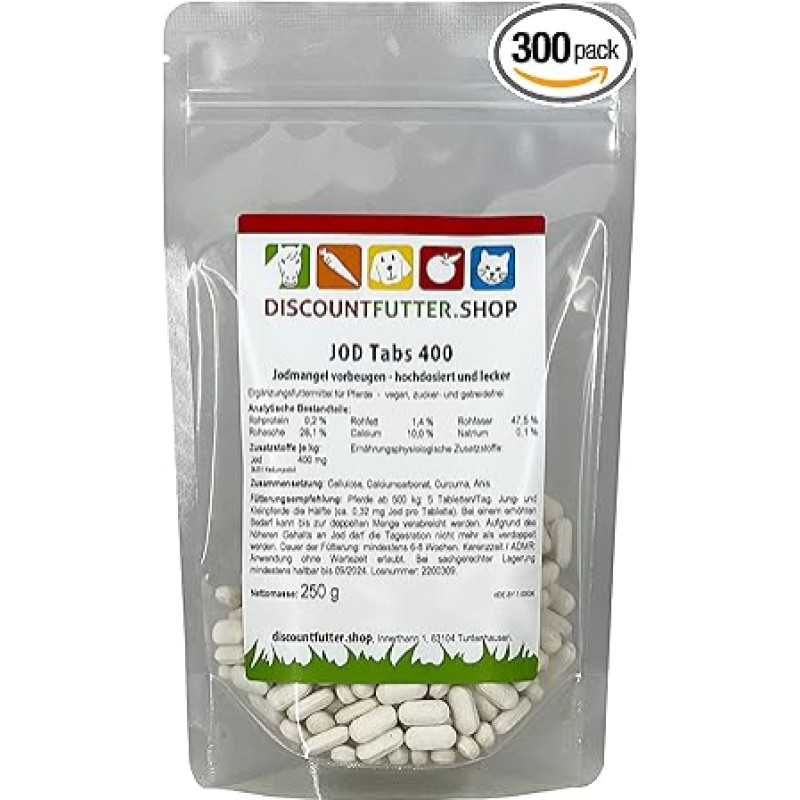 Iodine Tabs 400 | High Dose Horses | Pack of 300 I with Turmeric and Anise | Free from Cereals and Added Sugar, Iodine Supplement for Disorder-free Metabolism | Vegan