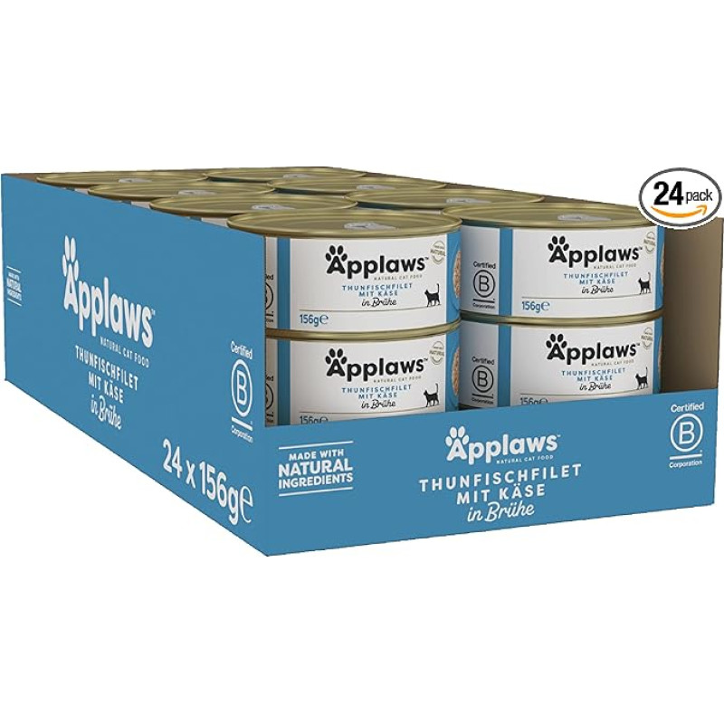 Applaws 100% natūralus drėgnas suaugusių kačių maistas su sūriu ir tuno filė sultinyje - 24 x 156 g skardinės