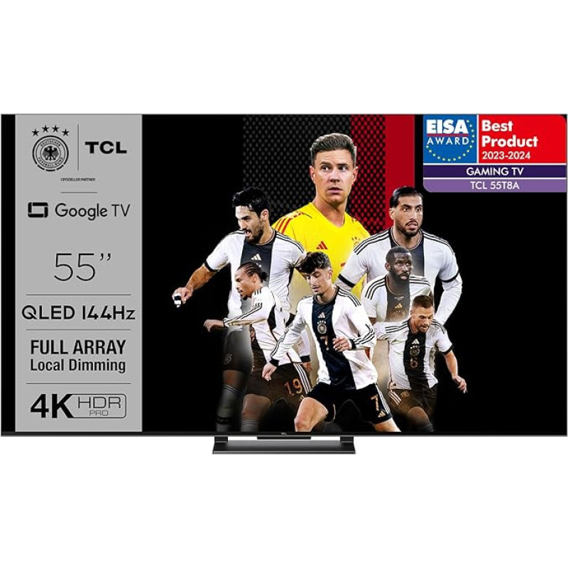 TCL 55T8A 55 Inch TV, QLED, HDR 1000 nits, Full Array Local Dimming, IMAX Enhanced, 144Hz VRR, Dolby Vision and Atmos TV, Supported by Google