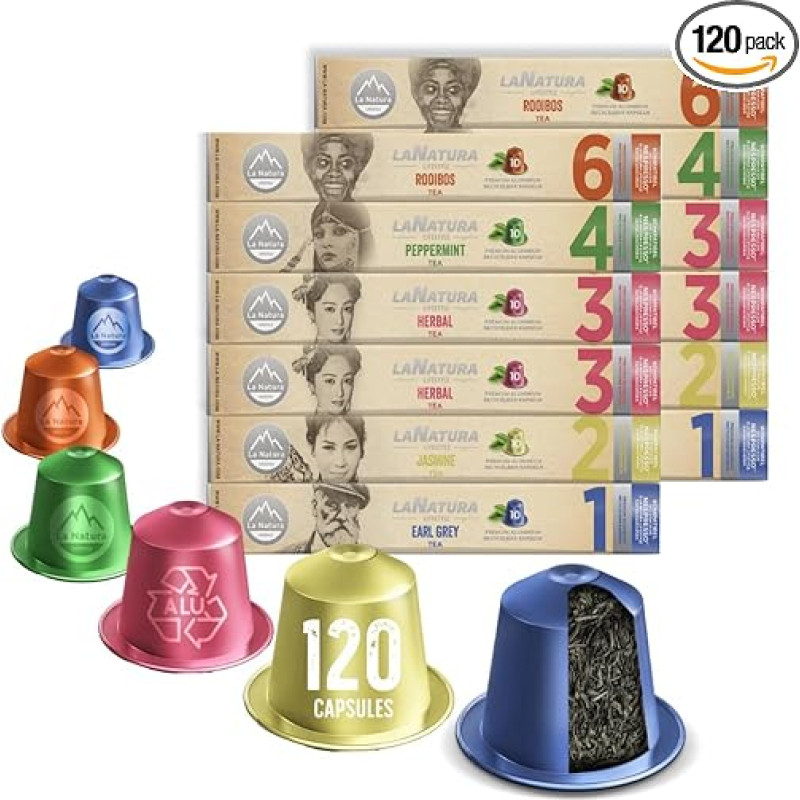 La Natura Lifestyle Premium Tea Connoisseur Set, 120 Tea Capsules, Compatible with Nespresso®³ Capsule Machines, 100% Recyclable, Herbal Tea, Peppermint Tea, Jasmine Tea, Rooibos Tea