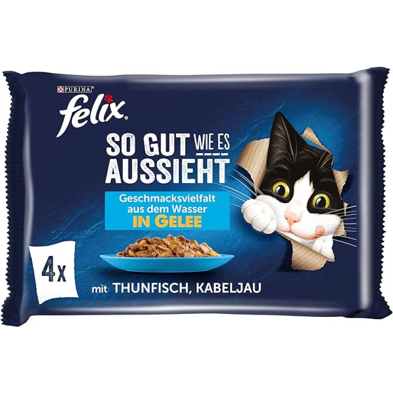 FELIX As Good As It Looks Wet Cat Food in Jelly, with Tuna & Cod, Pack of 12 (12 x 4 Bags of 85 g)