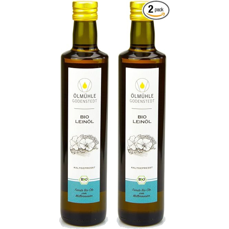 Ekologiškas linų sėmenų aliejus 1000 ml (2 x 500 ml) 1 litras - visada šviežias šalto spaudimo iš ekologiškų linų sėmenų, švelnaus skonio, pagamintas Vokietijoje, naudojant ekologišką elektros energiją Ölmühle Godenstedt