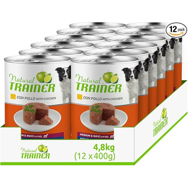 Trainer Natural Medium Maxi drėgnas maistas šunims su vištiena, 12 x 400 g - 3,6 kg