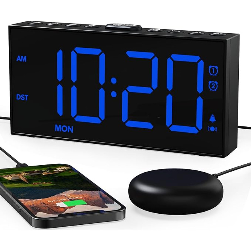 ROCAM Alarm Clock Loud for Deep Sleepers and Deaf, 7 Inch Large Display, Bold Font, Digital, Adjustable Brightness, Double Alarm, Snooze, USB Charger, for Bedroom Use (Blue)