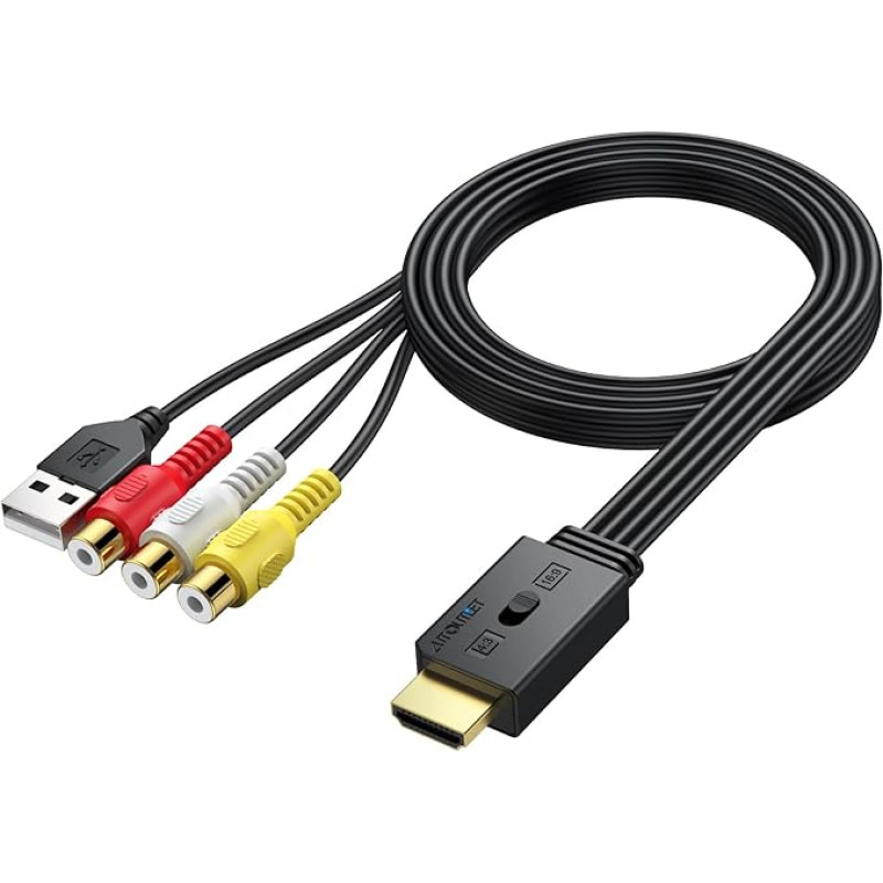 AUTOUTLET RCA ir HDMI keitiklis, 1080P AV ir HDMI adapteris palaiko 16:9/4:3 konvertavimą, PAL/NTSC, RCA ir HDMI adapteris su 60 cm moterišku RCA kabeliu, skirtas 