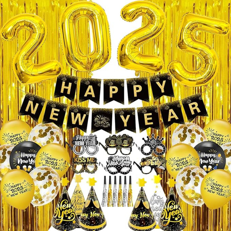 New Year's Eve Decoration 2025 Black Gold New Year Decoration Set New Year's Eve Banner 2025 Balloon XXL New Year Party Hats New Year's Eve Paper Glasses New Year Party Decoration for New Year's Eve