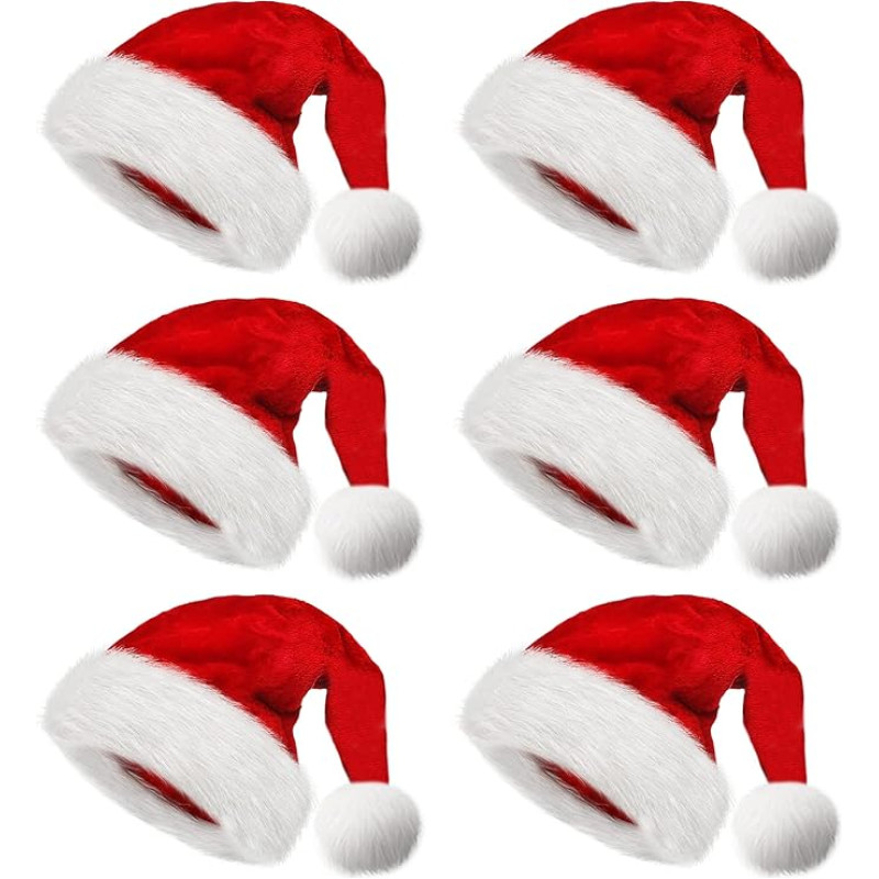 obqo Pack of 6 suaugusiųjų Kalėdų kepurės - pūkuotas pliušinis Kalėdų Senelis kepurė moterims vyrams itin storas Velvet Santa Claus kepurė paaugliams Kalėdų šalis Kalėdų Kalėdų priedai, raudona