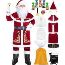 Weihnachtsmann Kostüm für Männer 10-teiliges Nikolauskostüm Santa Claus Verkleidung für Weihnachten Weinrot Samt Anzug Weihnachts mit Nikolausmütze Perücke Bart Weihnachtsfeier Cosplay Deluxe Set